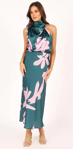 Petal and Pup  Anabelle Green & Pink Floral Satin Halter Neck Midi Dress L