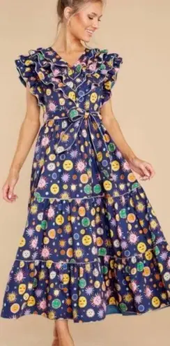 Celia B Atlas Dress Midi Navy Multi Womens New Size Medium Summer Belted Blue