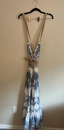 A loves A Coastal Wrap Corset Dress Womens Size L Blue White Embroidered Floral