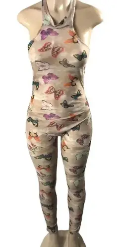 One Piece Mesh Size Medium Butterflies Multi Color Print Pants Romper. Tan
