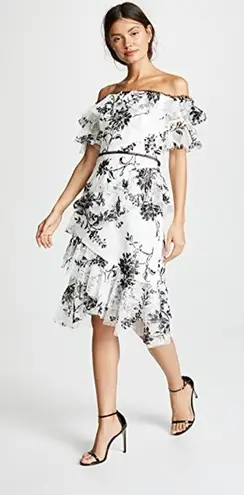 Marchesa Notte Off Shoulder Floral Lace Tiered Dress Size 4 Black