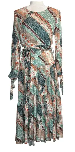 Jaase NWT Anthropologie M Patchwork Midi Dress Tiered Flowy Long Sleeve Modest