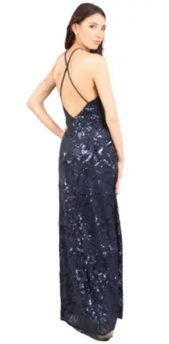 Nightway Gown Dress Navy Blue Mesh Sequins Halter Criss Criss Back Sheath Size 8
