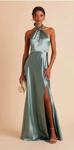 Birdy Grey Monica Halter Satin Dress Womens XS Sea Glass Green Maxi Formal Gown
