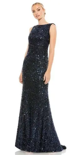 Mac Duggal Midnight Blue Cowl Back Boat Neck Sequined Evening Gown 12 $398 26331