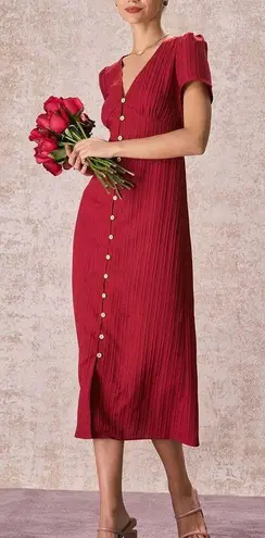 Rihoas Red V Neck Shirred Puff Sleeve Midi Dress Size M
