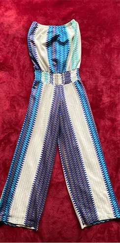 Karina Grimaldi Wide Leg Jumpsuit Strapless Blue and White Size XS