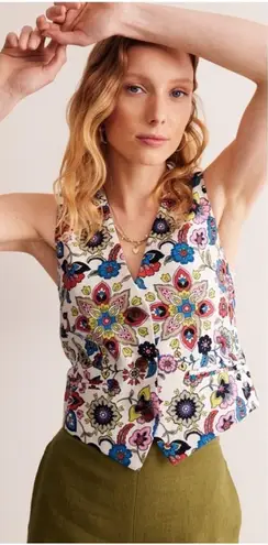 BODEN Tailored Linen Waistcoat Floral Vest Size 2 White