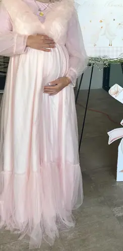 Tulle Ruffles Maternity Dress for Photoshoot Puffy Long Sleeve V Neck Baby Showe Pink Size L