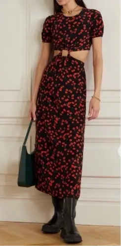 STAUD NEW! Calypso Poppy Cut Out Black Red Midi Floral Print Dress Size L