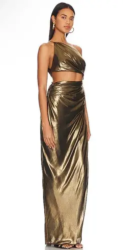 NEW NWT The Sei X Revolve One Shoulder Cutout Maxi Gown In Gold Lame Size 2