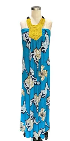 Tbags Los Angeles maxi dress with halter beading blue yellow size small