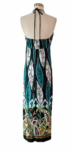 Heart soul Halter Maxi Dress Paisley Green Brown Wood Beads Neck Large EUC