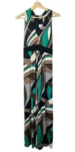 Eliza J Green & Brown Printed V-Neck Fit & Flare Maxi Dress 12