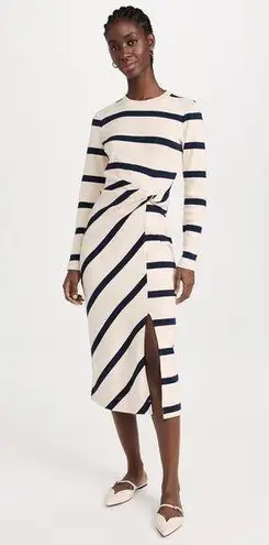 Tanya Taylor  Cream Navy Heavyweight Knit Twisted Knot Front Striped Dress L