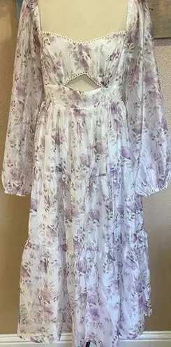 Lulus NWOT  Radiant Afternoon Ivory Floral Cutout Tiered Midi Dress