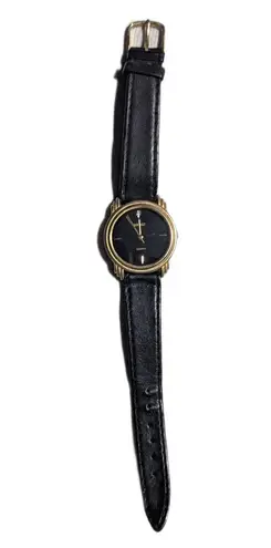 Vtg 1990s Beau Black Leather Band Gold Tone Trimmed Face Quartz Fashion Watch