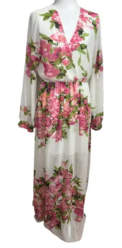 Floral Chiffon Maxi Dress Womens S White w/pink Bridal Romantic Cottagecore Chic