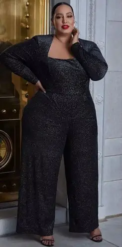 Eloquii NEW black Strong Shoulder Velvet Jumpsuit glitter , 16