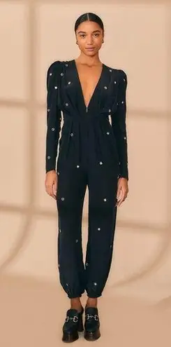 Farm Rio NWT Black Jumpsuit Mirror Embroidered Beaded Details Long Sleeve Large