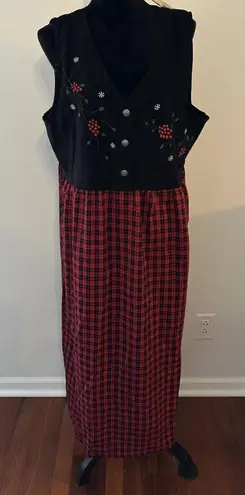 Vintage Bobbie Brooks Jumper Dress Womens XL 16/18 Plaid Embroidery Holiday NEW Red