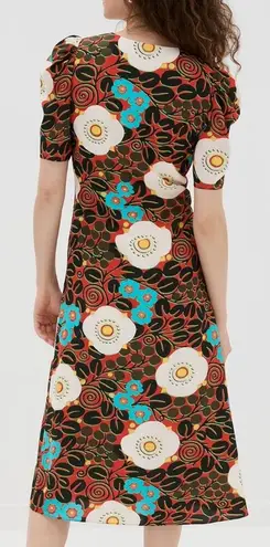 NWT Rhode Maci Floral Print Midi Dress Orange Black Cream Blue, Size 0