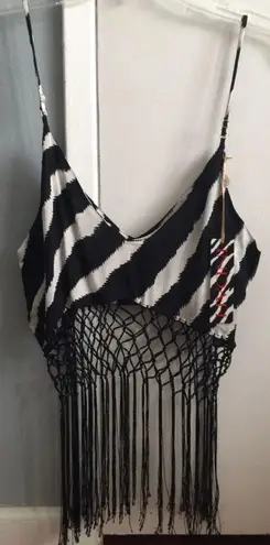 Indah Xolani Macrame Fringe Crop Tank Top Zebra Print
