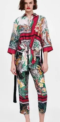 ZARA  Tropical Printed Crop Satin Straight High Waist Trousers Pants Small