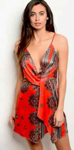 BANJUL NWT Sleeveless Cowl Neck Printed Satin Party Dress in Red Combo