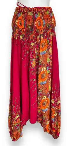 None Floral Harem Pants Stretch Waist Smocking Shirring Pink Hippie Festival Rayon - Image 1