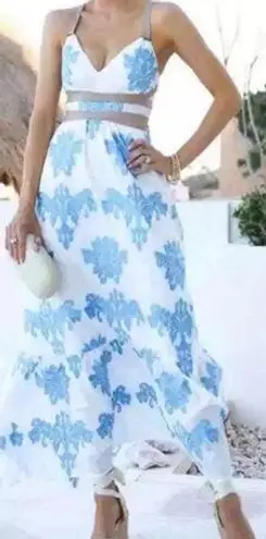 A loves A Coastal Wrap Corset Dress Womens Size L Blue White Embroidered Floral