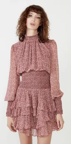 Bardot Dress Georgette Soft Floral Tiered Shirred Mini Long Sleeve Pink M