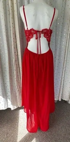 Latulle Red Lace Embroidered Applique Sheer Chiffon Flowy Front Slits Prom Dress