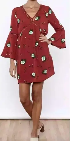 Entro Red Floral Boho Tunic Mini Dress With Bell Sleeves Like New S