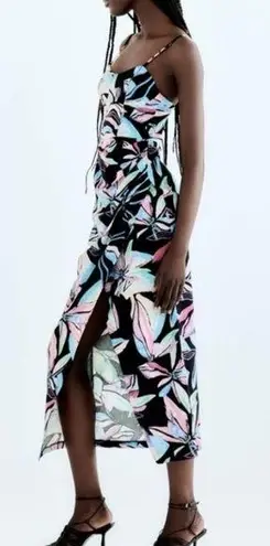 ZARA  Linen Tropical Print Midi Dress