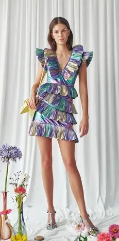 Celia B Acke Metalic Pleated Mini Dress Multi Womens Size Large Blue