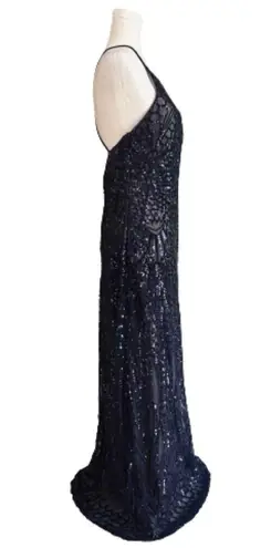Nightway Gown Dress Navy Blue Mesh Sequins Halter Criss Criss Back Sheath Size 8