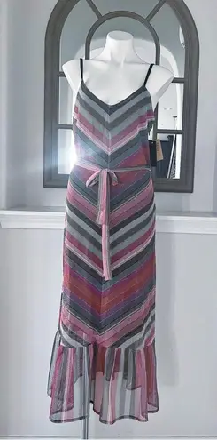 Rachel Roy Finn Metallic Striped Maxi Dress in Pink Grey, Size L New w/Tag