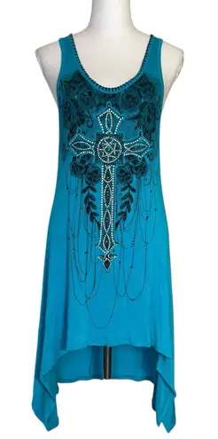 Vocal Shark Bite Asymmetric Tunic Tank Crystal Tribal Cross Roses Grunge Y2K