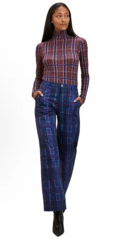 THE KIT Tracee Pant Size 10 Blue Iris Plaid NEW Stretch Organic Cotton Twill