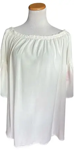 Womens Feathers Floral Embroidered Flutter Sleeve Flowy Off Shoulder Top Sz 2X White