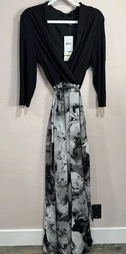 Chetta B Maxi Dress Solid Black Bodice with Floral Print Skirt