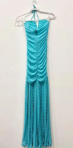 Ganni NWT Sleeveless Halter Ruched Mermaid Maxi Dress Blue Curacao Womens 34/2-4