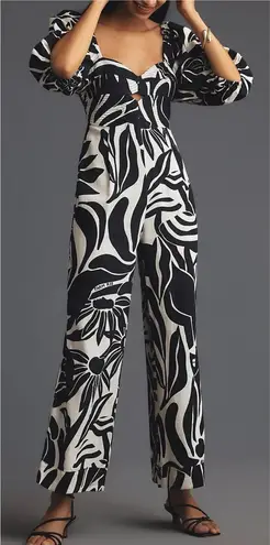Farm Rio NWOT Anthropologie Puff-Sleeve Printed Linen Jumpsuit - black white - S