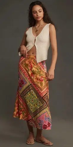 Farm Rio Mixed Scarves Satin Slip Midi Skirt, Size XS