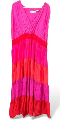 DENIM 24/7 | 26W Tiered Maxi Dress Ruffle Pink Red Tank Sleeveless Long Flowey