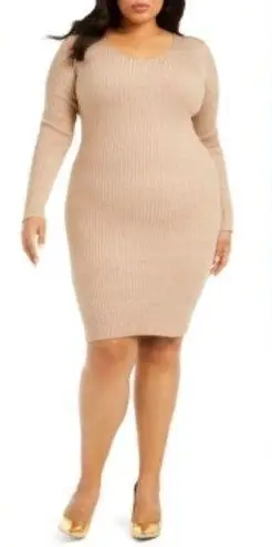 Planet Gold Plus 2x Metallic Gold/Tan Deep V-Neck Long Sleeve Sweater Dress