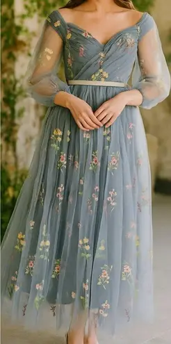 Unbranded Tulle Floral Embroidered Midi Gown Dress in Slate Blue Size 6