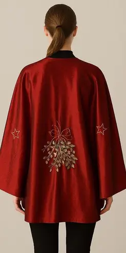 Red Embroidered Christmas Tree Star Capelet Cloak Shawl Holiday Party Womens Size undefined