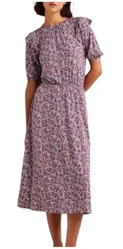 BODEN NWT Ruffle Paisley Jersey Midi Dress D0283 Size 4L Pockets Stretchy Waist Blue
